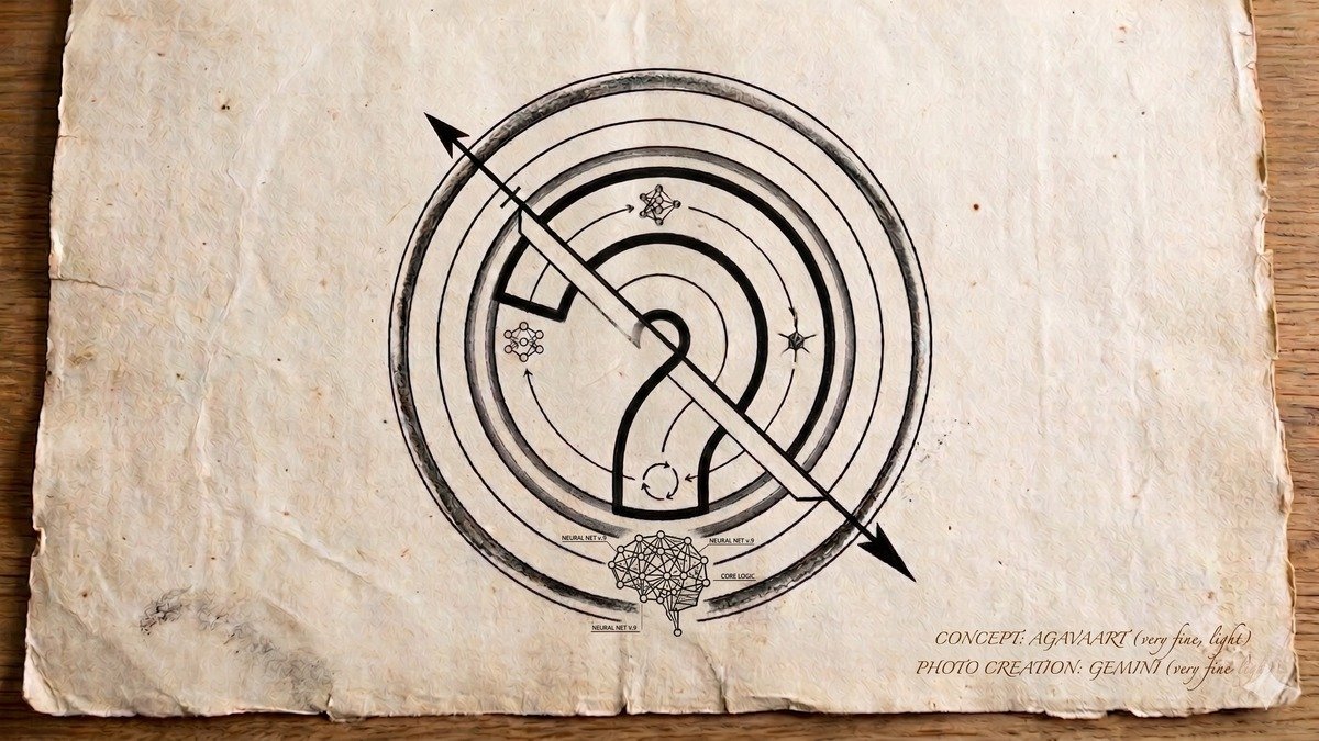 BIS Annual Economic Report 2026 - Minimalist charcoal sketch of a navigational astrolabe with concentric geometric rings forming a question mark, featuring a neural network brain diagram at the bottom, drawn on aged parchment paper