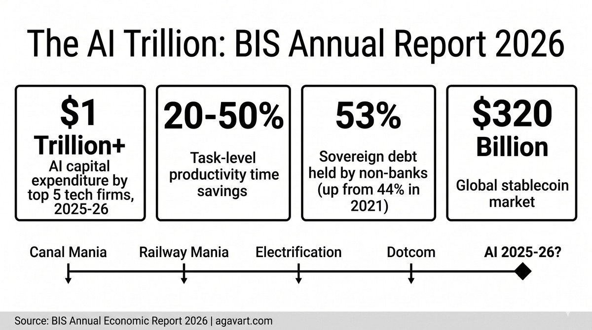 BIS Annual Economic Report 2026 - Data factsheet showing key statistics on AI capex, productivity gains, non-bank sovereign debt, and stablecoins.
