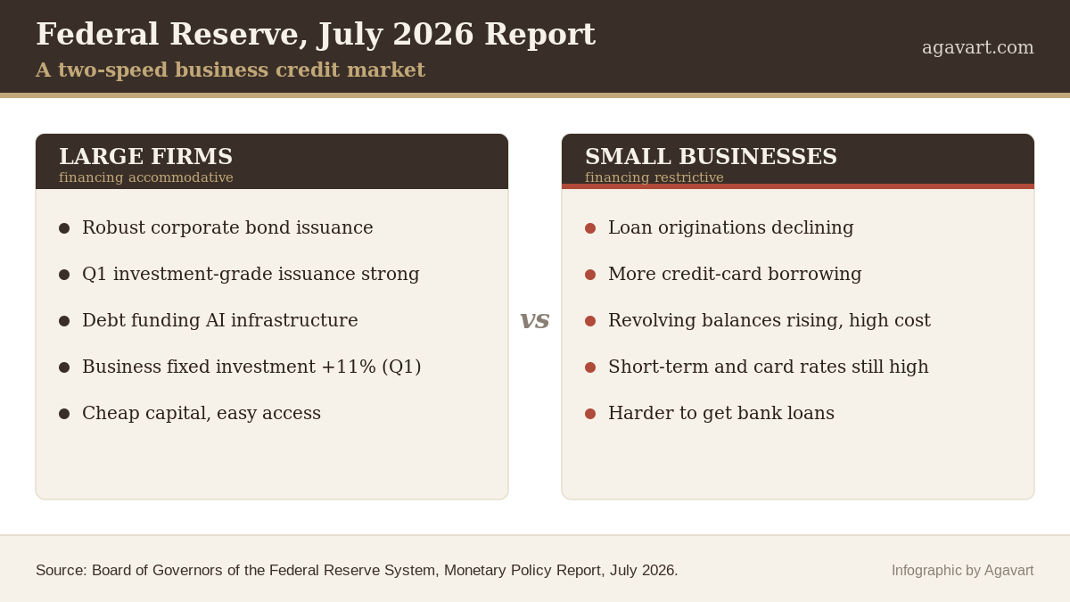 Federal Reserve July 2026 report two-speed business credit market infographic by Agavart