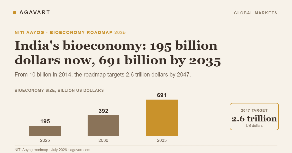 India bioeconomy roadmap chart, from 195 billion dollars in 2025 to 691 billion by 2035 and 2.6 trillion by 2047