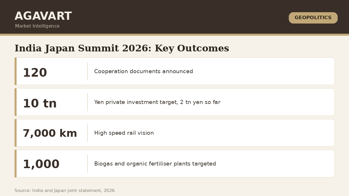 India Japan Summit 2026 outcomes: 120 cooperation documents, 10 trillion yen investment target, 7,000 km high speed rail vision