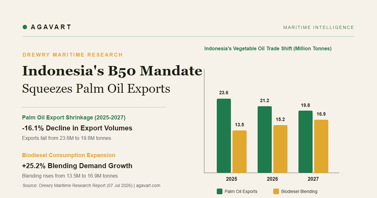 Indonesia B50 biodiesel mandate palm oil exports and biodiesel demand comparison infographic by Agavart
