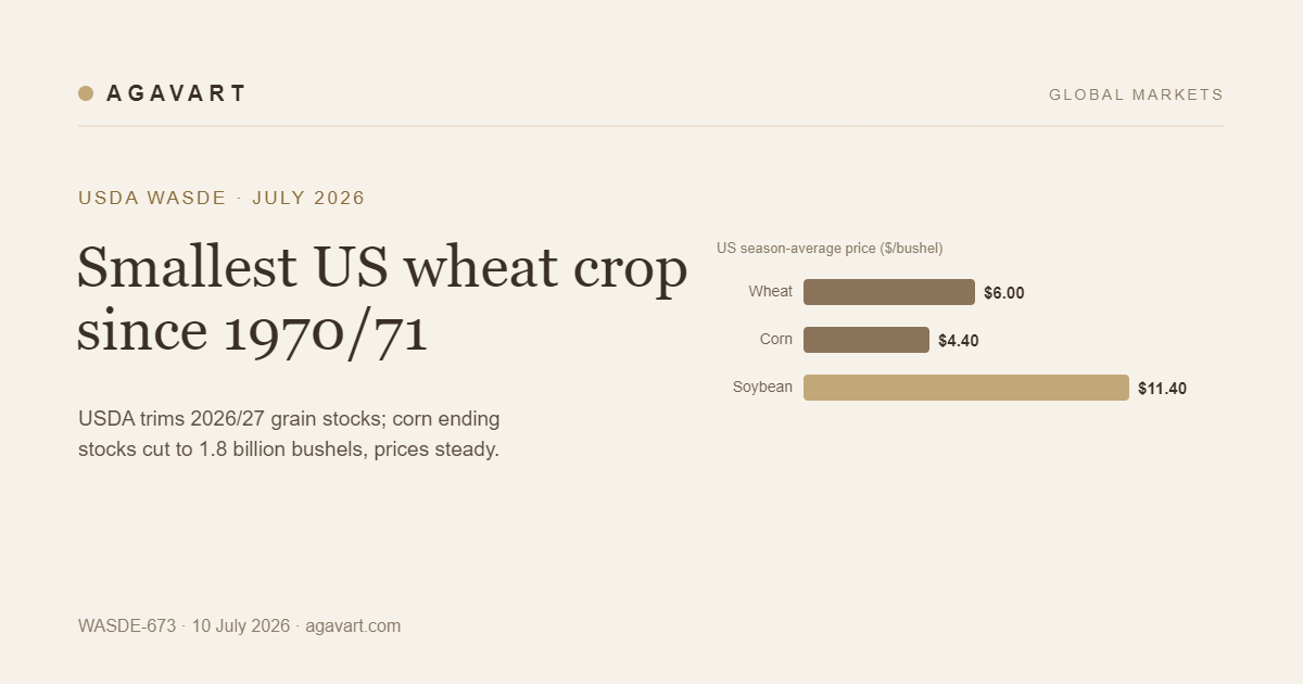 USDA WASDE July 2026: smallest US wheat crop since 1970/71; US season-average prices wheat $6.00, corn $4.40, soybean $11.40 per bushel